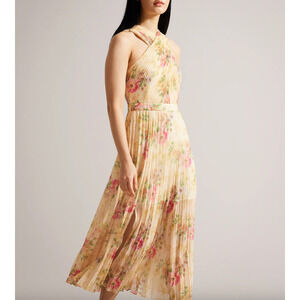 Ted Baker Amerah Cross Front Floral Pleated Midi Dress Chiffon Yellow US 4 NWT